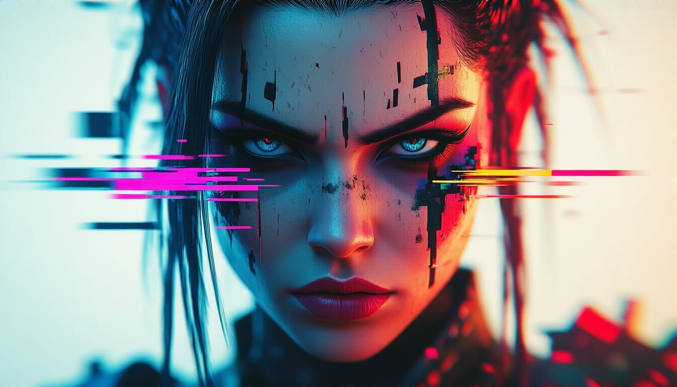 Cyberpunk Valkyrie Glitch Art Portrait