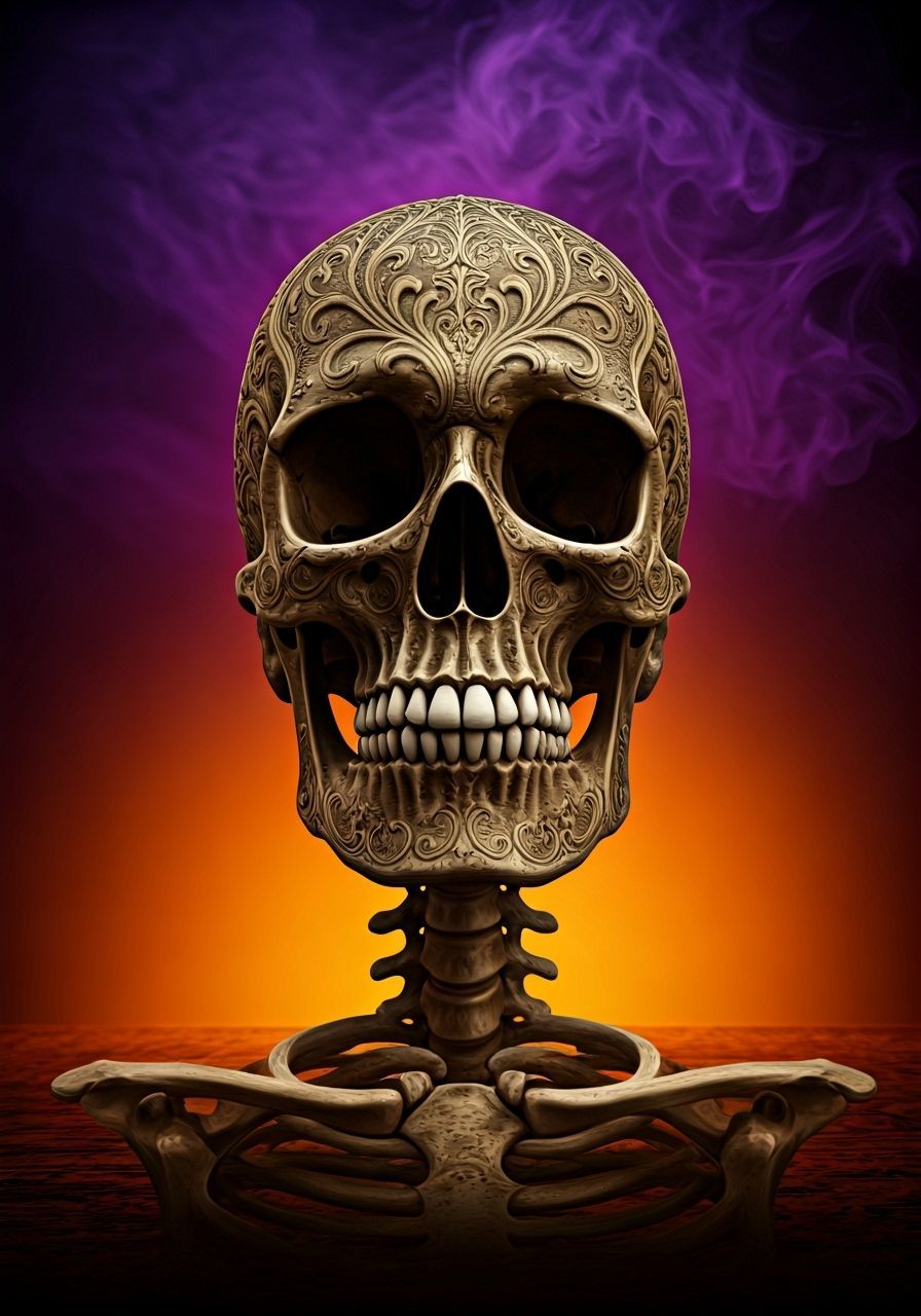 Photorealistic Skeleton with Etched Filigree and Purple Vapo...