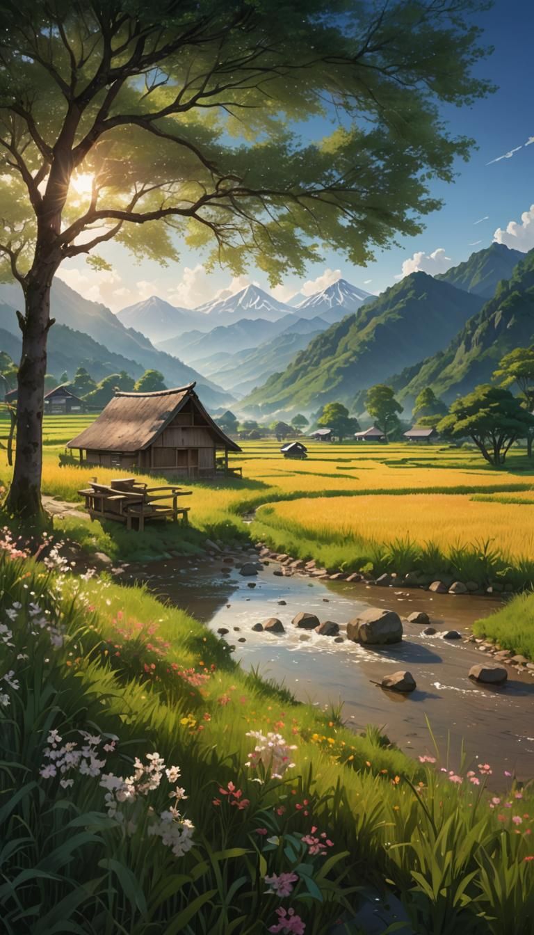Rural Anime Landscape with Rice Paddies