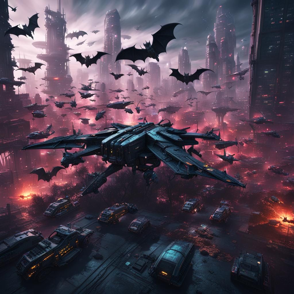 Cyberpunk Bat Swarm in Detailed Matte Painting