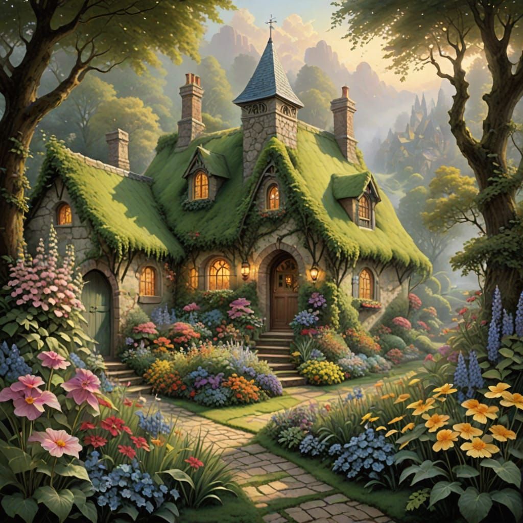 Whimsical English Cottage Garden in Dreamy Light