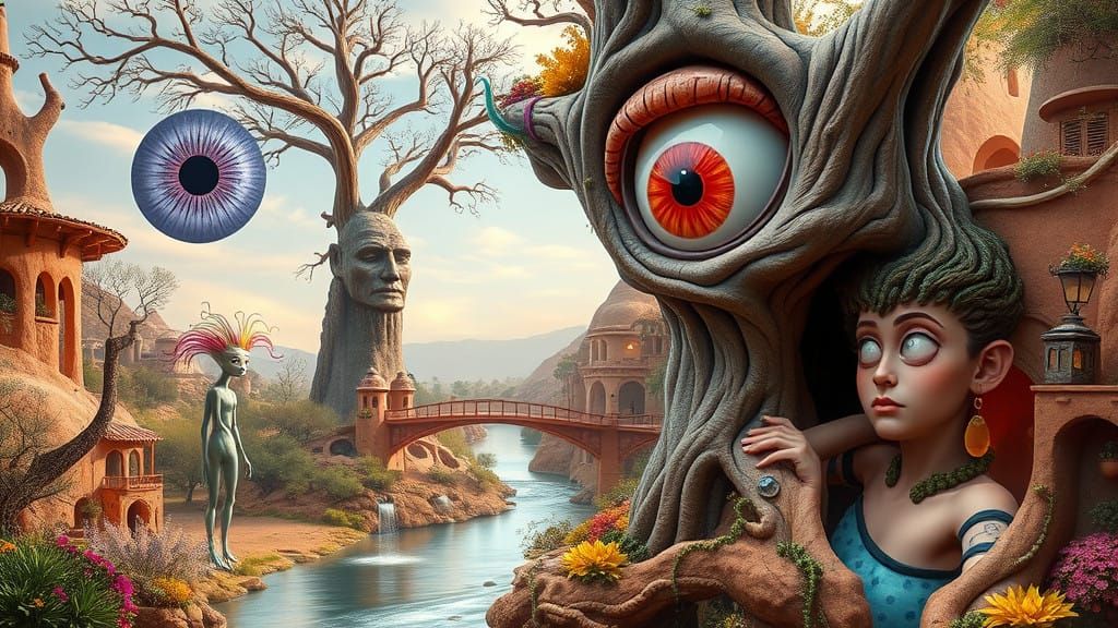 Dreamlike Oasis Scene with Whimsical Creatures