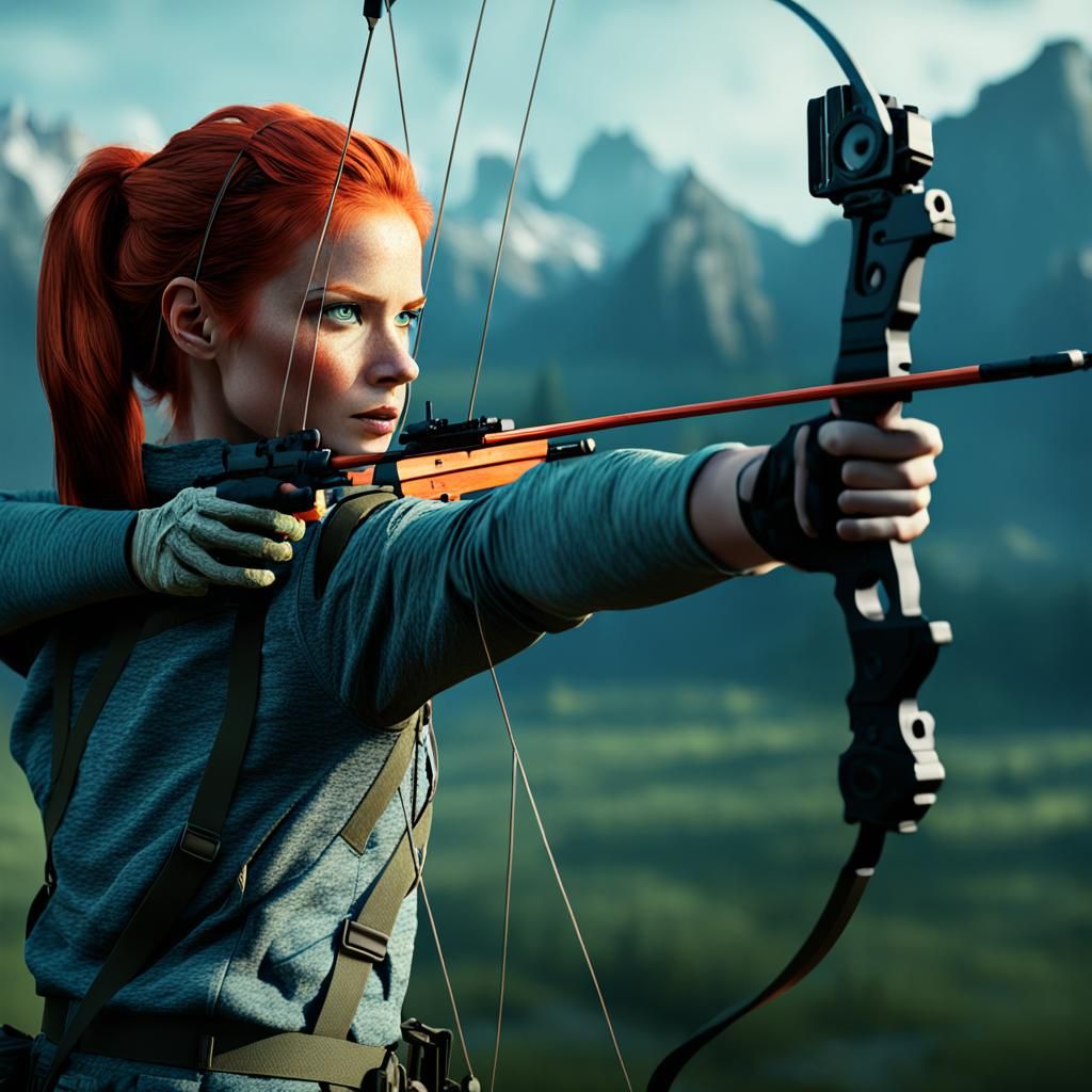 Red-Haired Hunter Aiming Bow: 8K Concept Art