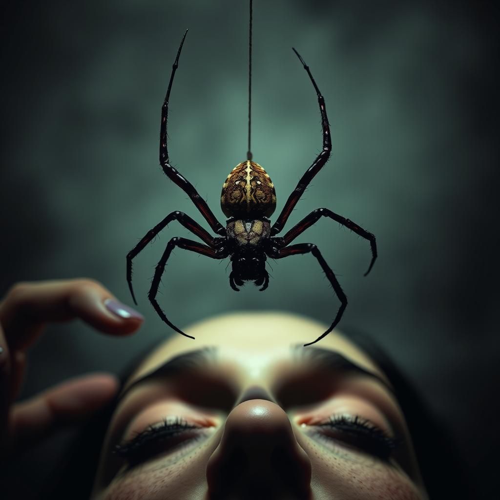 Nightmarish Dream: Spider Dangling Over Waking Woman