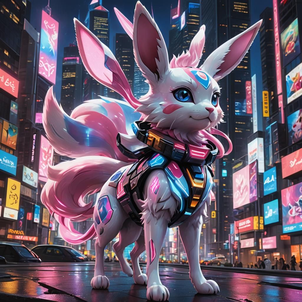 Mecha Sylveon in Neon Cityscape