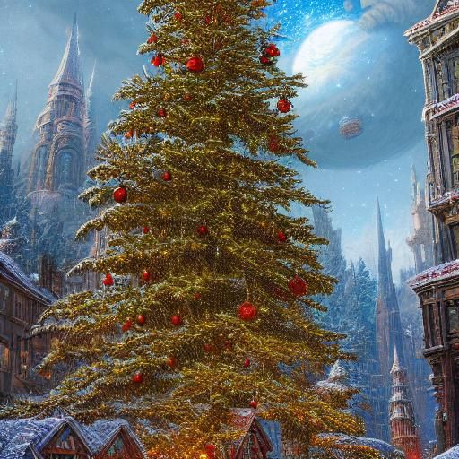 Snowy Christmas Tree, Detailed Matte Painting