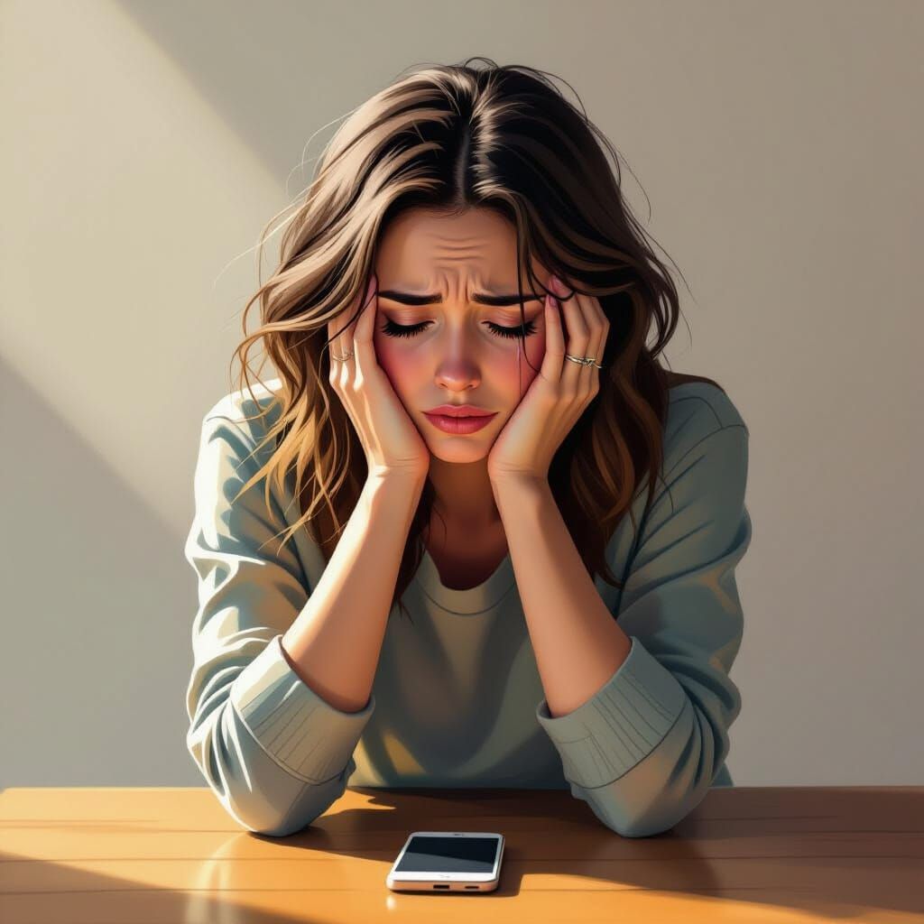 Melancholic Woman Crying at Table: Digital Painting