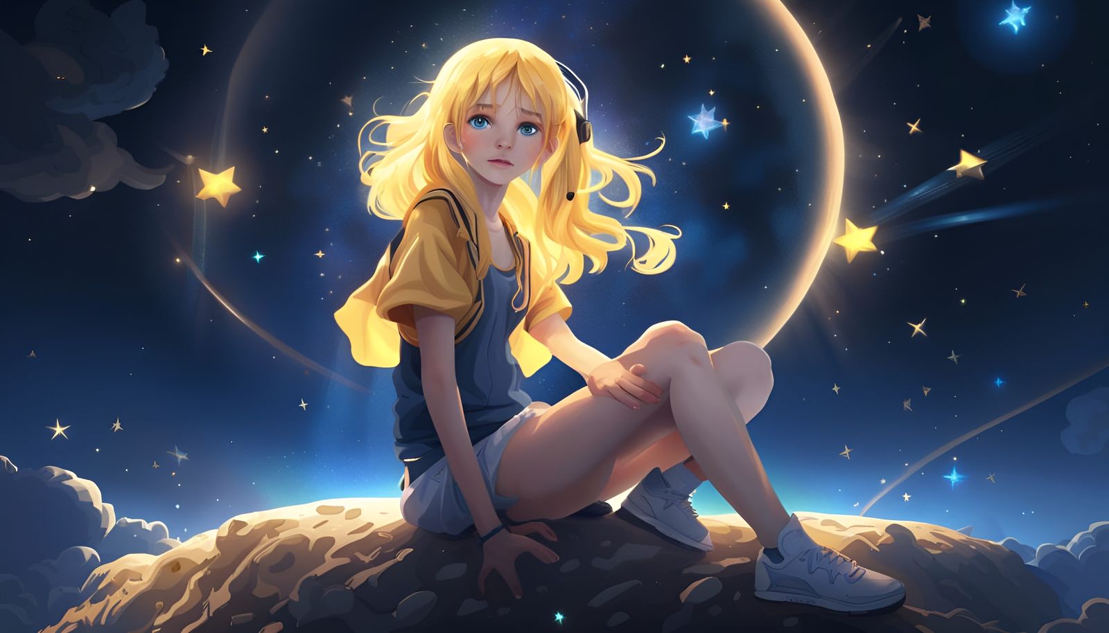 Girl on the Moon with Comet and Stars