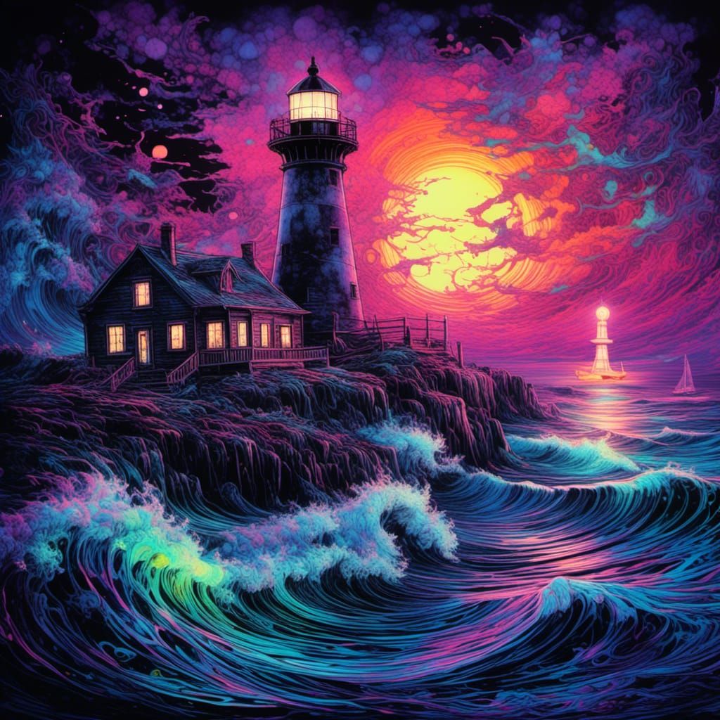Black Light Seascape Lighthouse in Watercolor Style