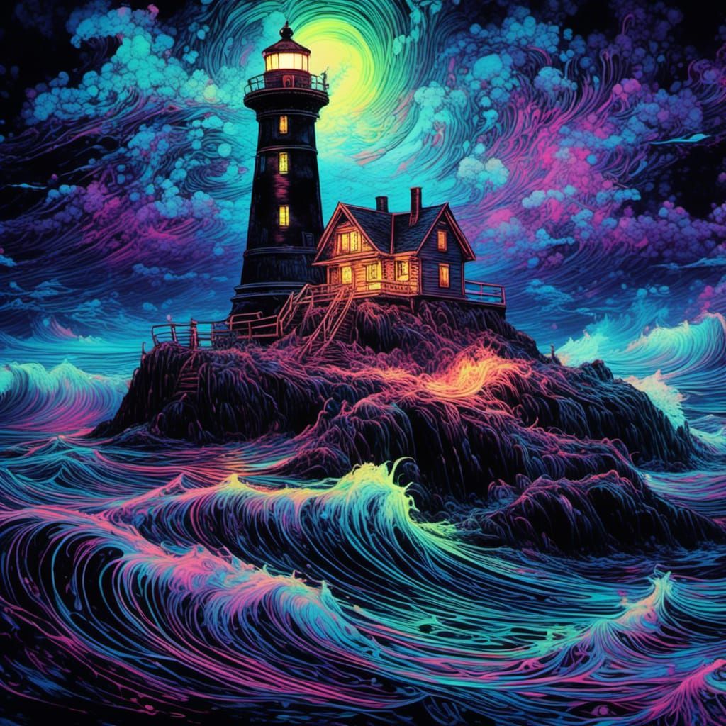 Black Light Seascape Lighthouse in Florescent Art
