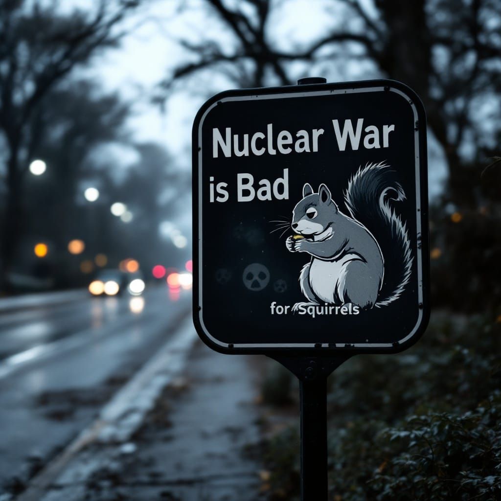 A Black and White Bus Stop Sign with a Squirrel Warning