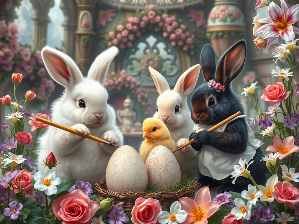 Easter Bunnies Painting Eggs in Fairytale World