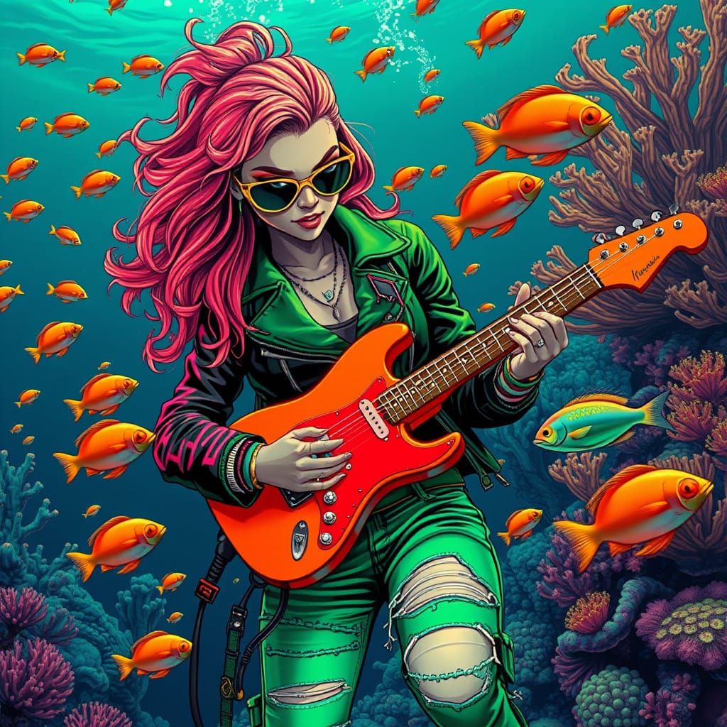 Neon Teen Guitarist in Underwater Cyberpunk Reef