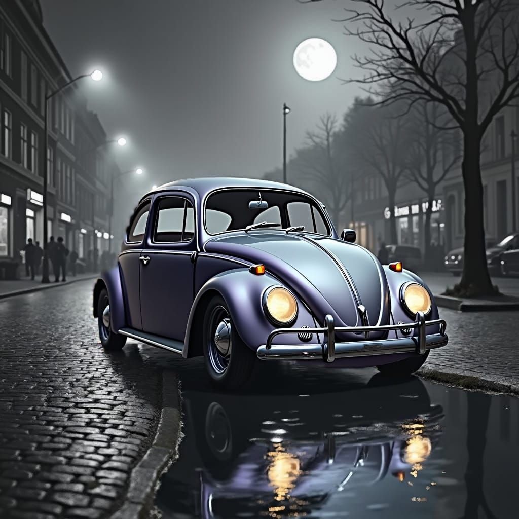 Purple VW Beetle Reflected in Pond as Rembrandt Oil Painting