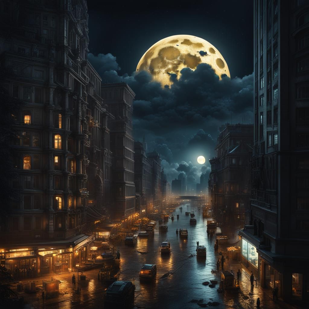 Nightfall Cityscape with Full Moon: Digital Matte Painting