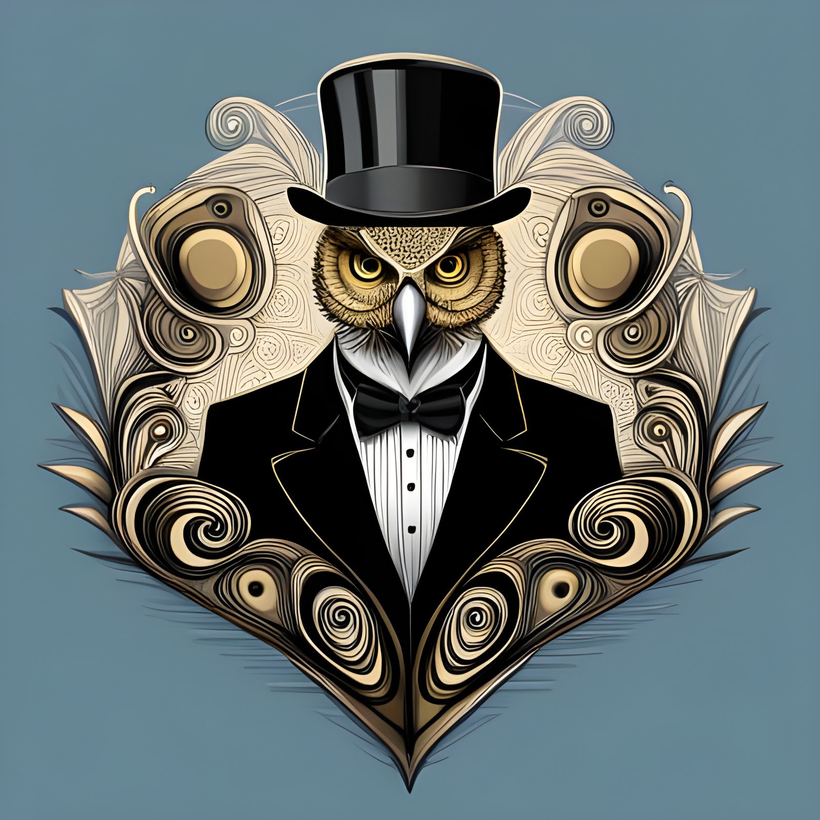 Gilded Owl in Tuxedo with Abstract Fractal Design