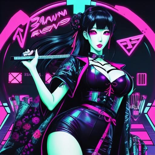 Japanese Gothic Girl in Synthwave Neon Retro Style