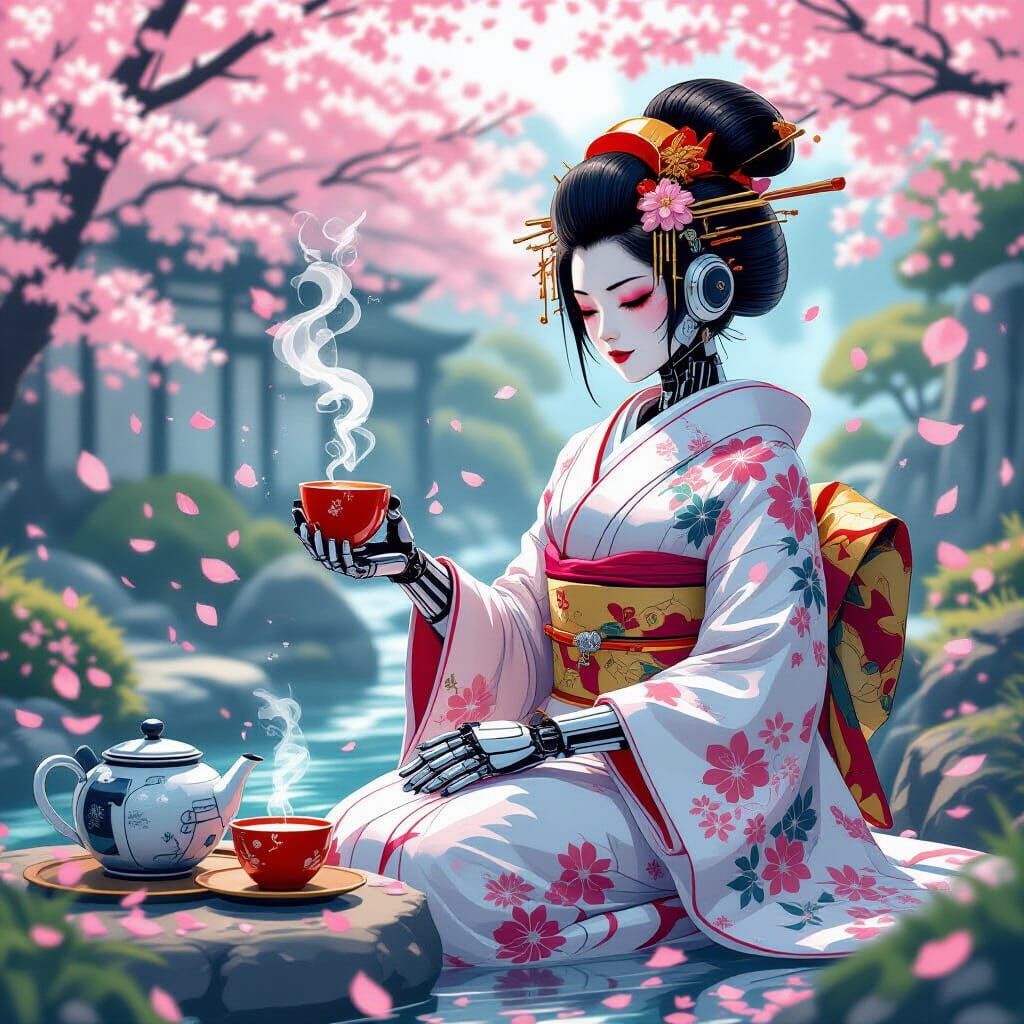 Robot Geisha in Futuristic Garden, Manga Style