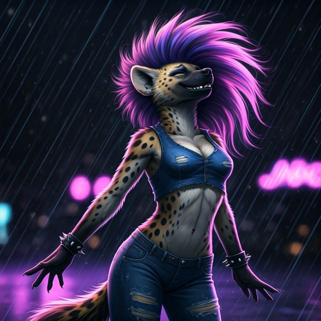 Dancing She-Hyena in Neon Rain
