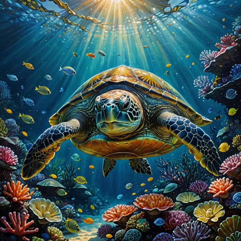 Underwater Turtle Scene in Oil Painting Style