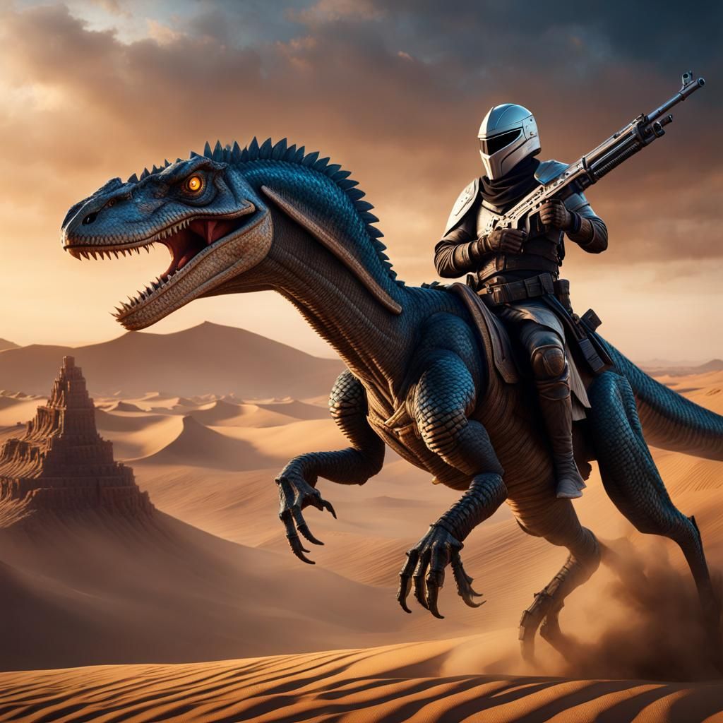Knight on Velociraptor in Desert Landscape