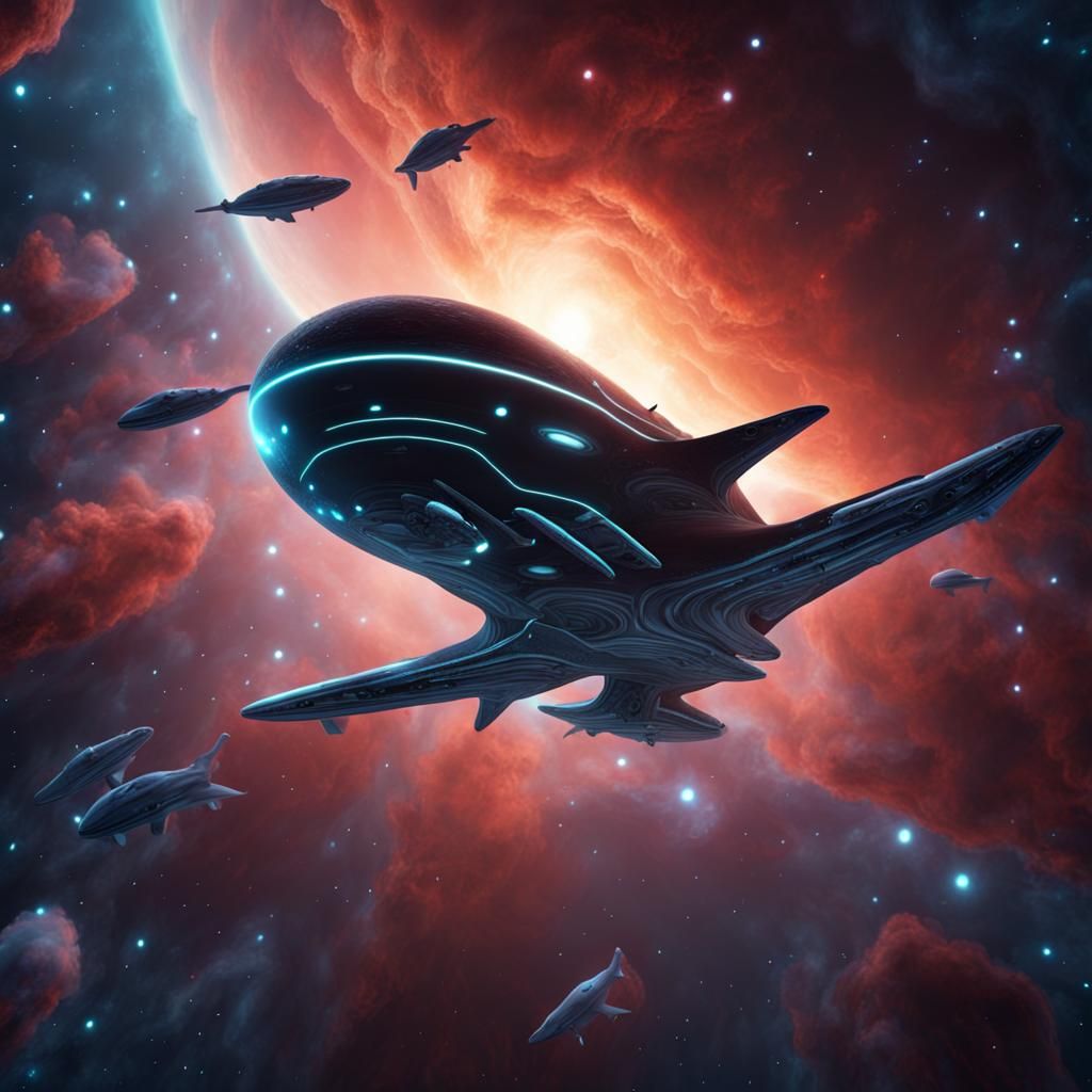 Spaceship Journey Through Space Whale Nebula