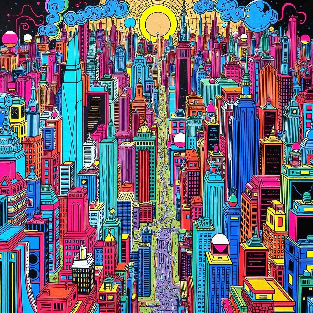 Microscopic Retrofuturism Cityscape in Vibrant Colors