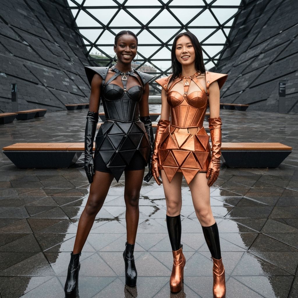Stylish Women in Geometric Armor in Urban Plaza