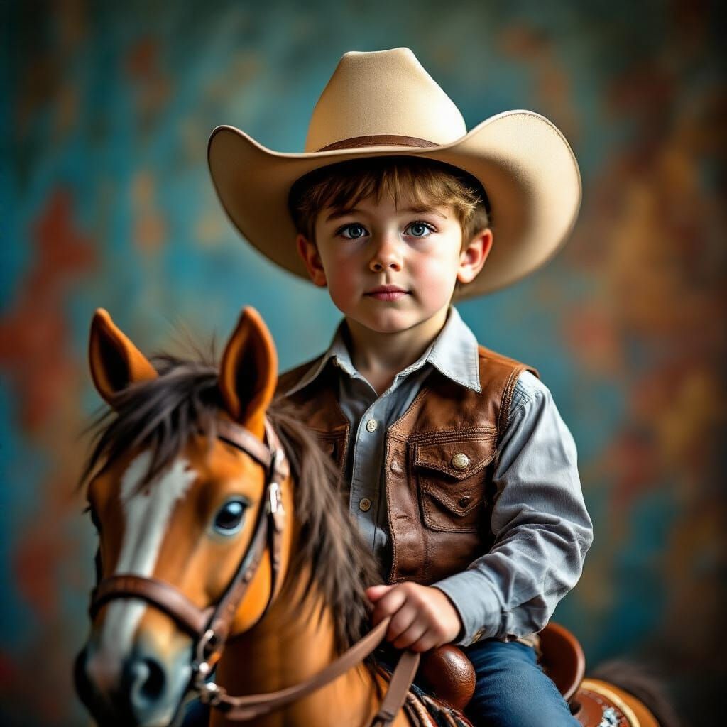 Cowboy Boy on Hobby Horse, Photorealistic Style