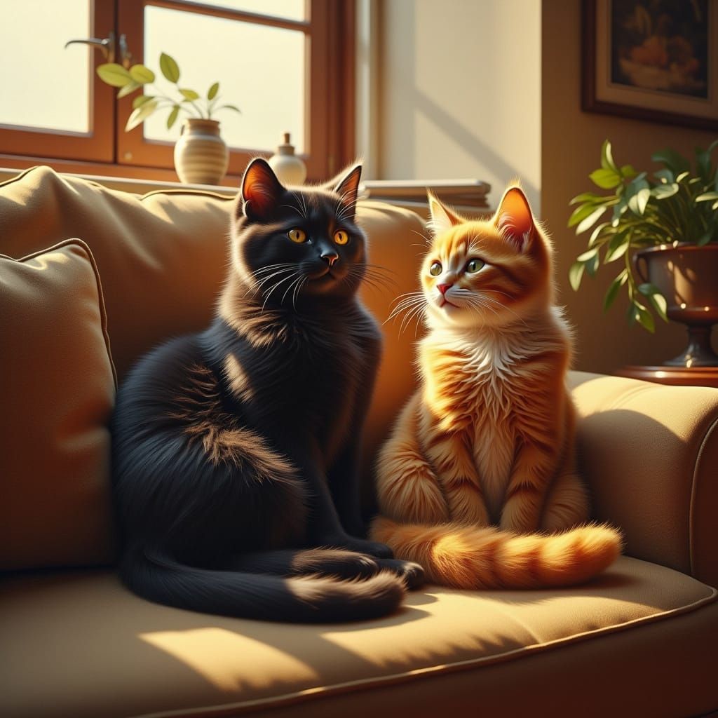 Cats Relaxing on Vintage Sofa in Sunlit Room - Airbrush Acry...
