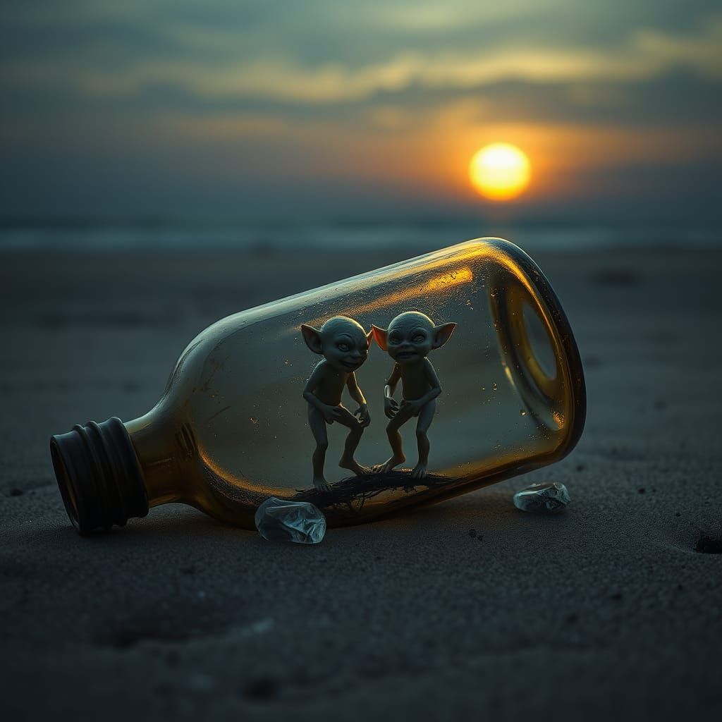 Mysterious Elves in Abandoned Vine Bottle on Desolate Beach
