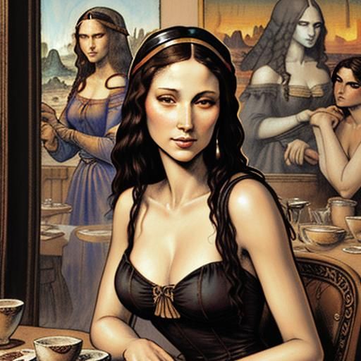 Mona Lisa in Tavern, Black Ink Comic Style