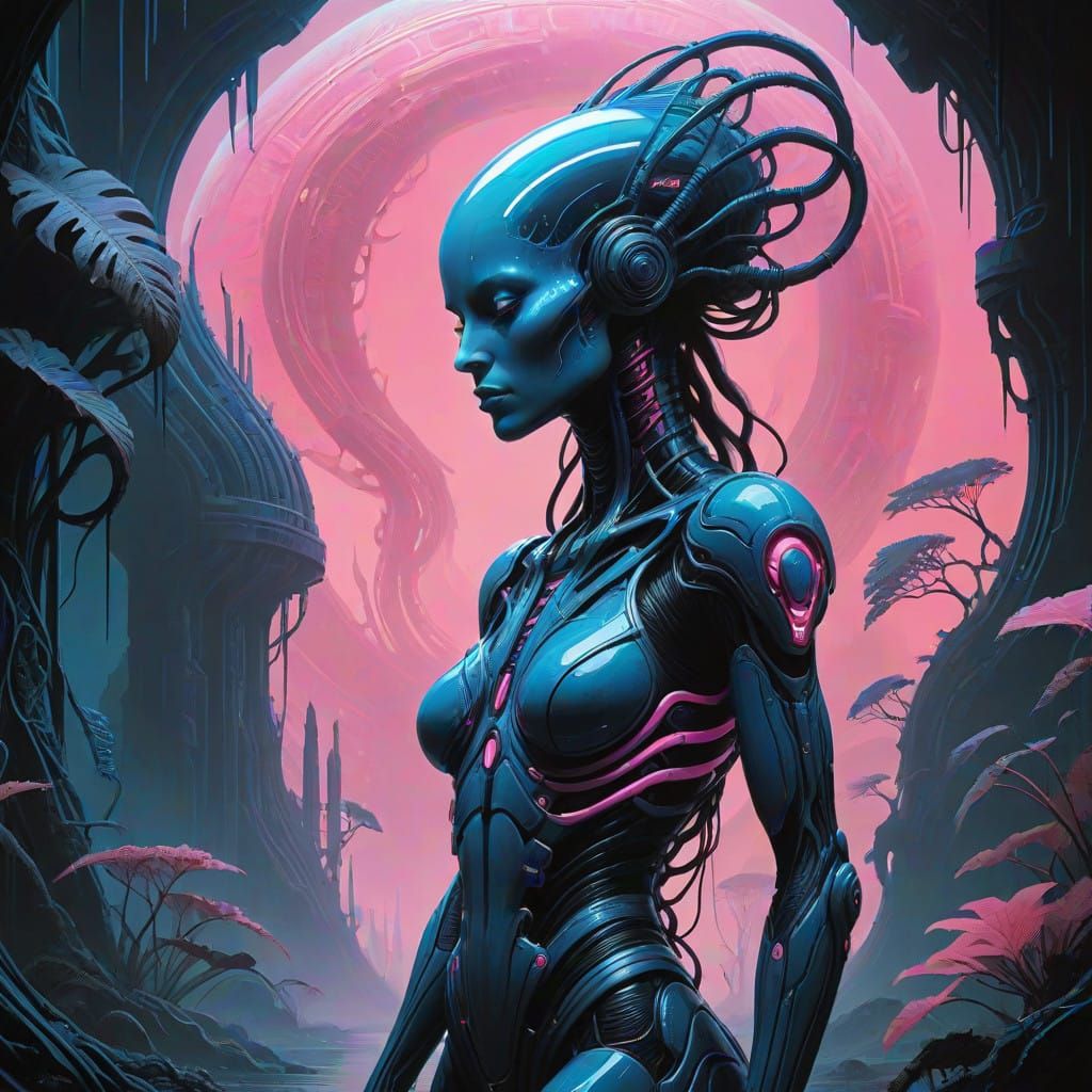 Biomorphic Goddess in Neon Dreamscape