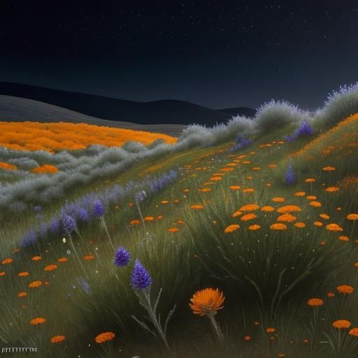 Dark Botanical Meadow with Autumn Flowers and Frost
