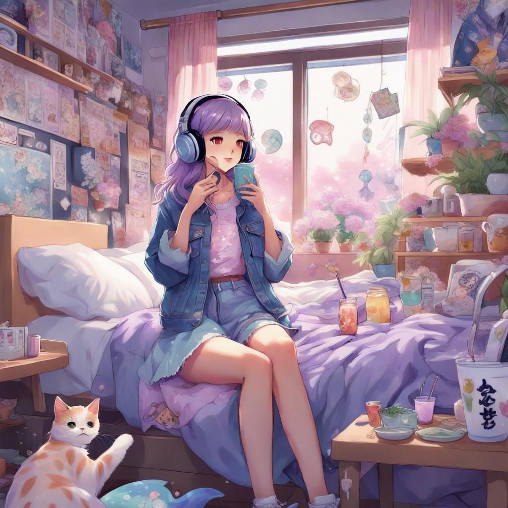 Kpop Idol and Cat in Anime Aesthetic Bedroom