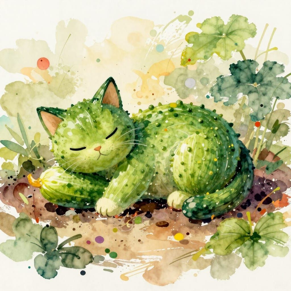 Cucumber Cat Sculpture in Vibrant Garden