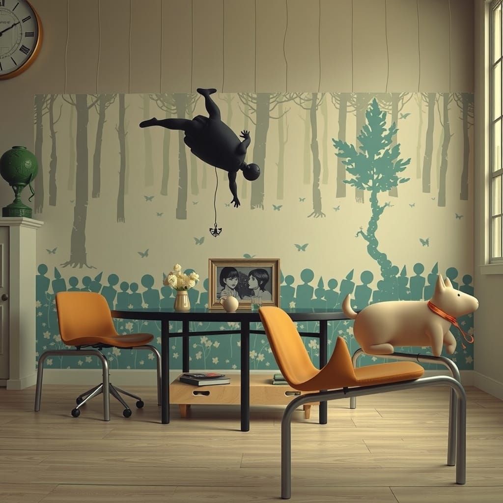 Ethereal Vinyl Figures in Black and White Linocut Forest