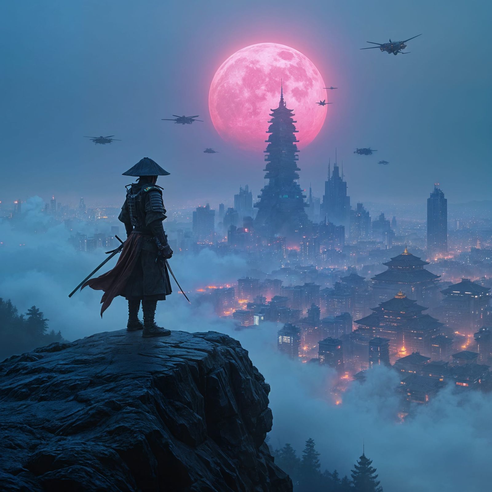 Samurai in Cyberpunk Cityscape