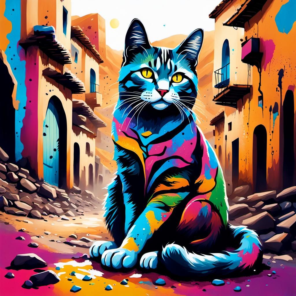 Cat in Moroccan Valley: Graffiti Street Art