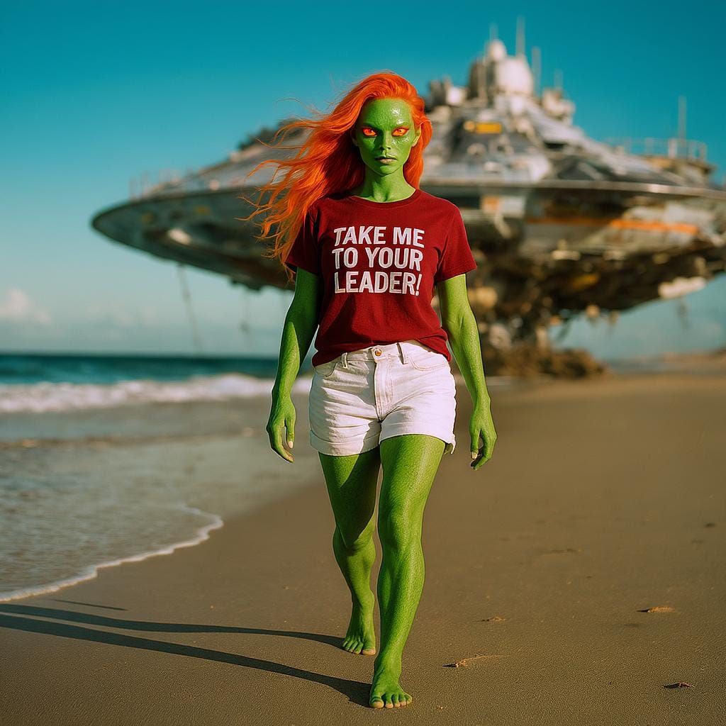 Hyperrealistic Alien Woman on Lonely Beach