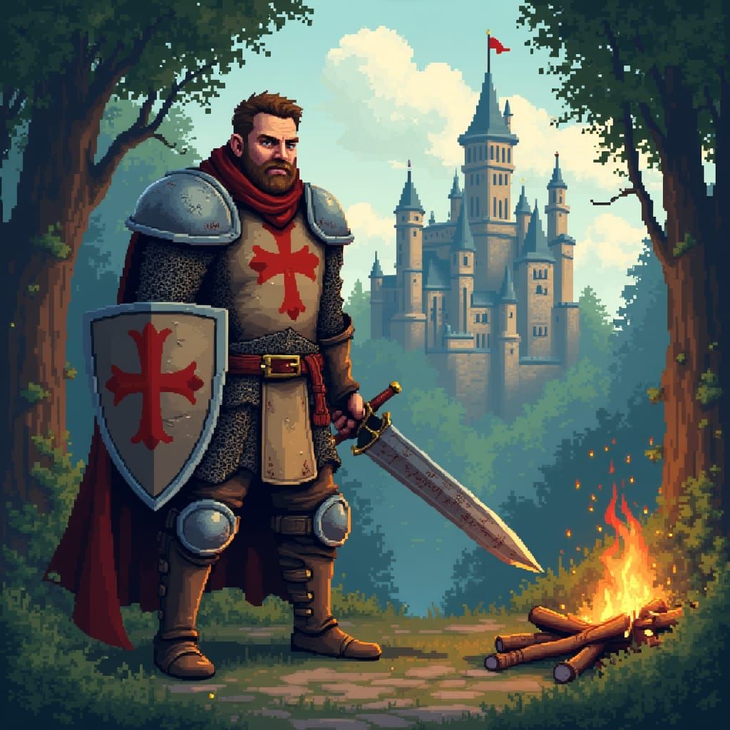 Epic Knight in Pixelated Forest, Ready to Defend the Realm