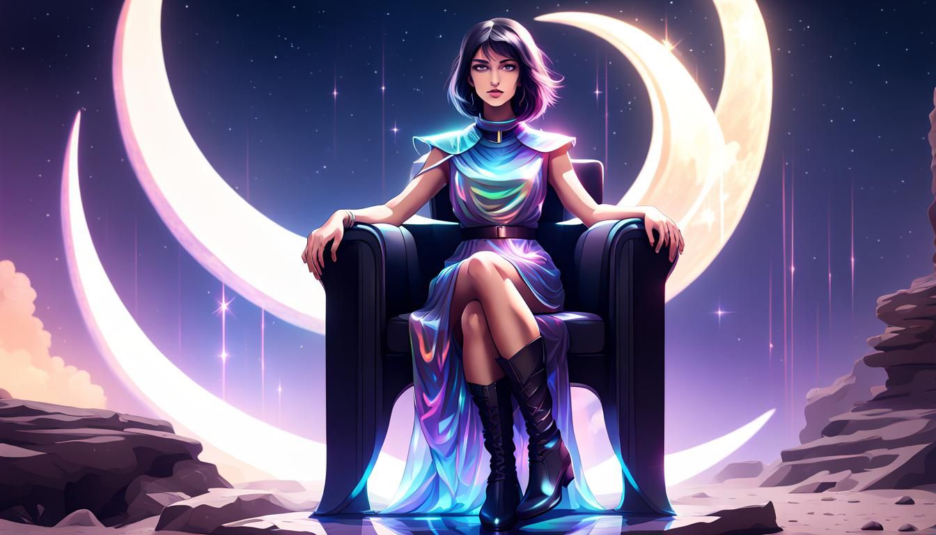 Mystical Woman on Moon in Holographic Dress