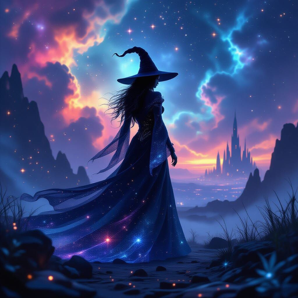Ethereal Witch in Cosmic Sci-Fi Landscape