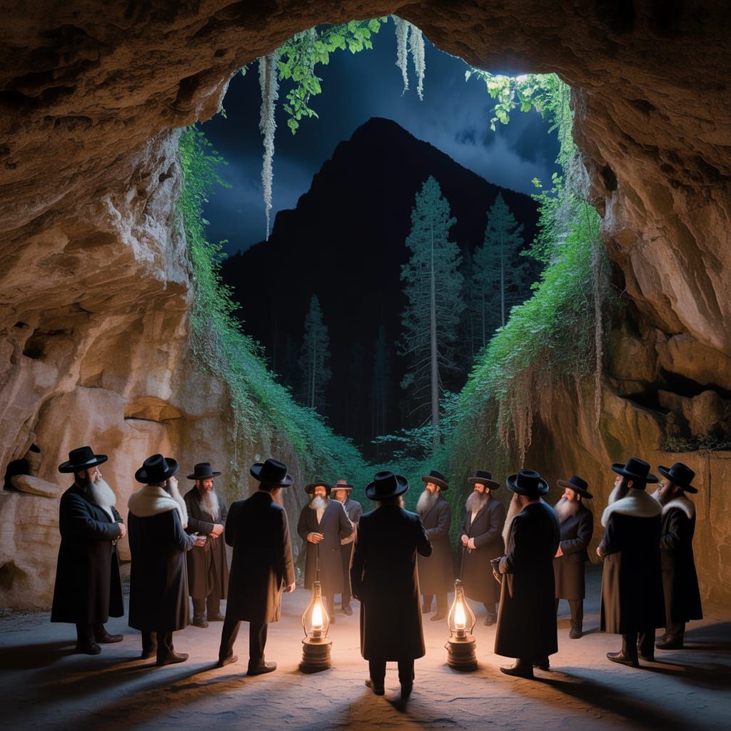 Hasidic Men in Cave at Night, Oil Lamps Illuminate Scene