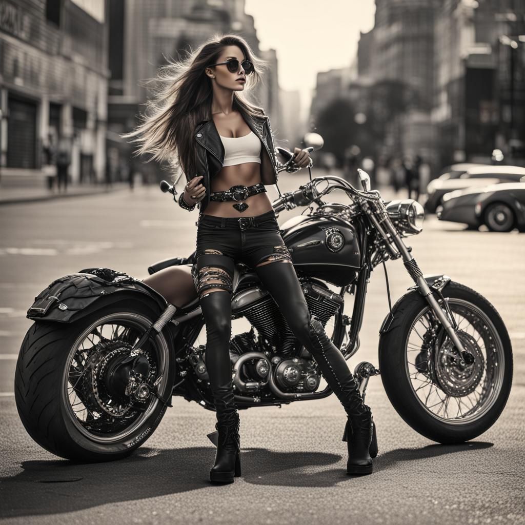 Motorcycle Girl with Alluring Demeanor in HDR