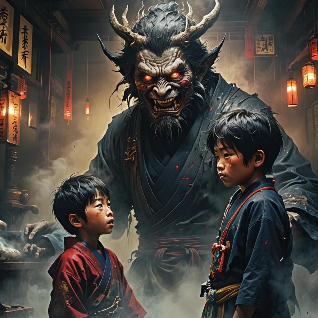 Surprised Demon Meets Fearless Child: Hyperrealistic Concept...