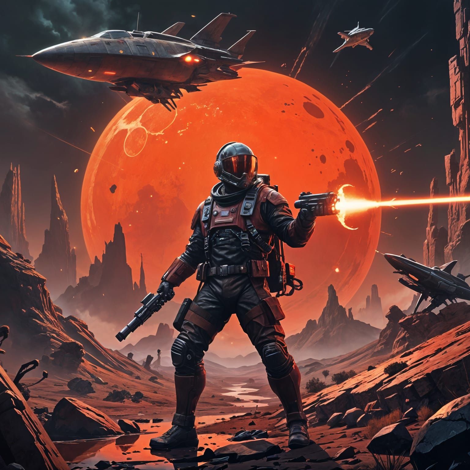 Cyberpunk Space Captain Battles Aliens on Crimson Planet