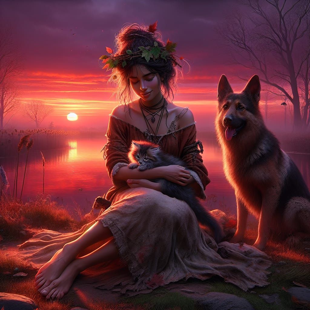 Serenity's Warmth: Young Hispanic Woman and Companions at Su...