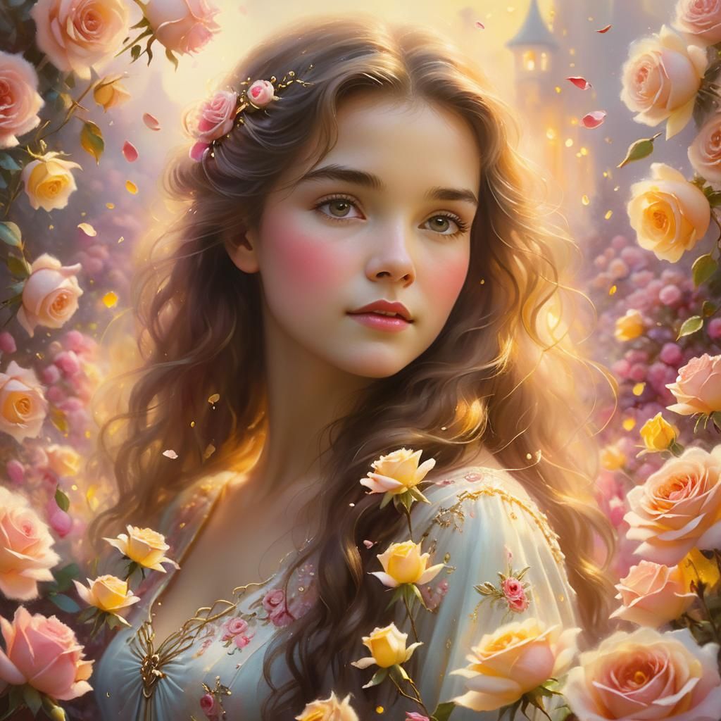 Ethereal Woman Surrounded by Roses in Golden Light