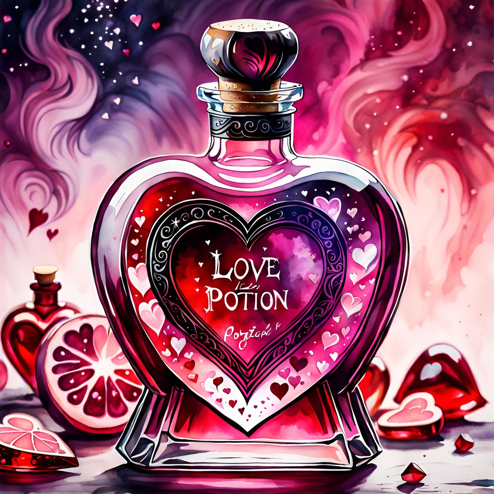 Heart-Shaped Love Potion in Gothic Watercolor Style